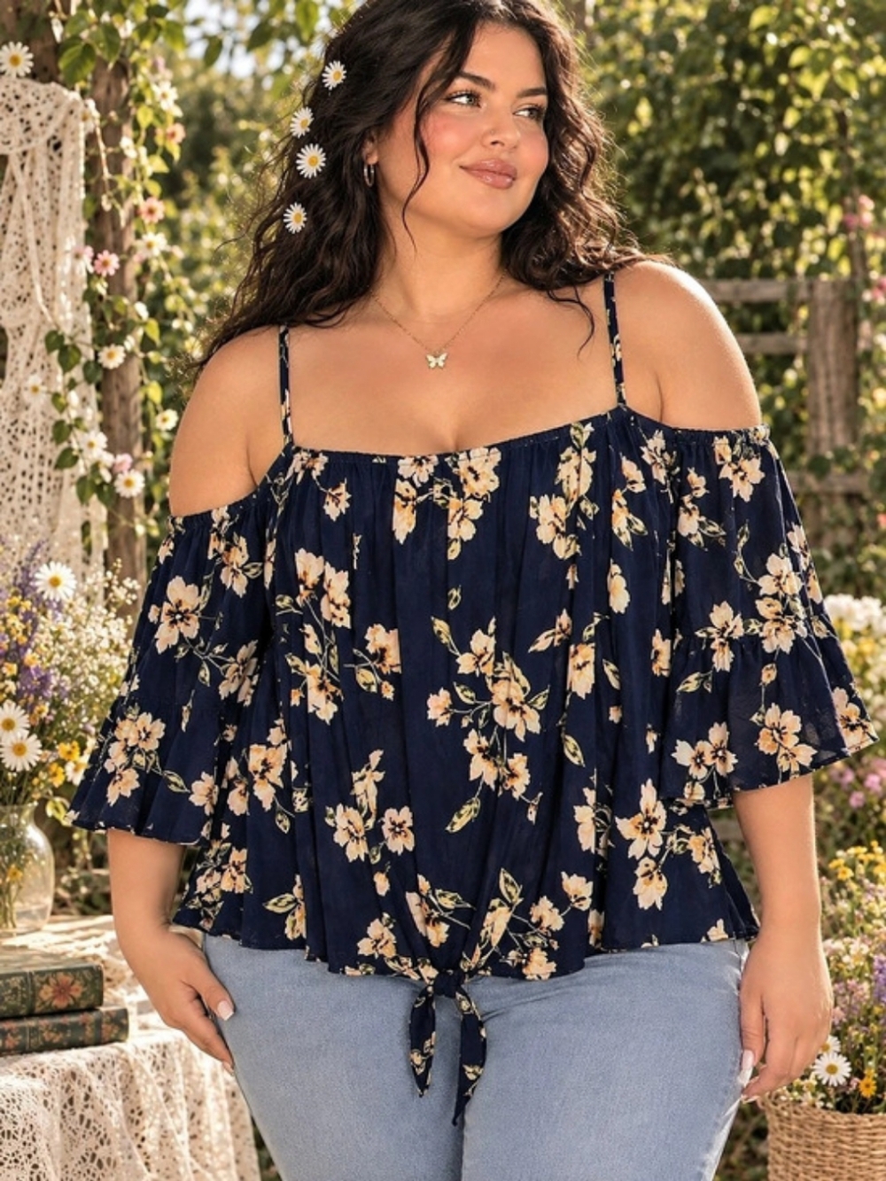 Ivy Rose 3X Floral Off The Shoulder Navy Blue Bell Sleeve Boho Cottagecore